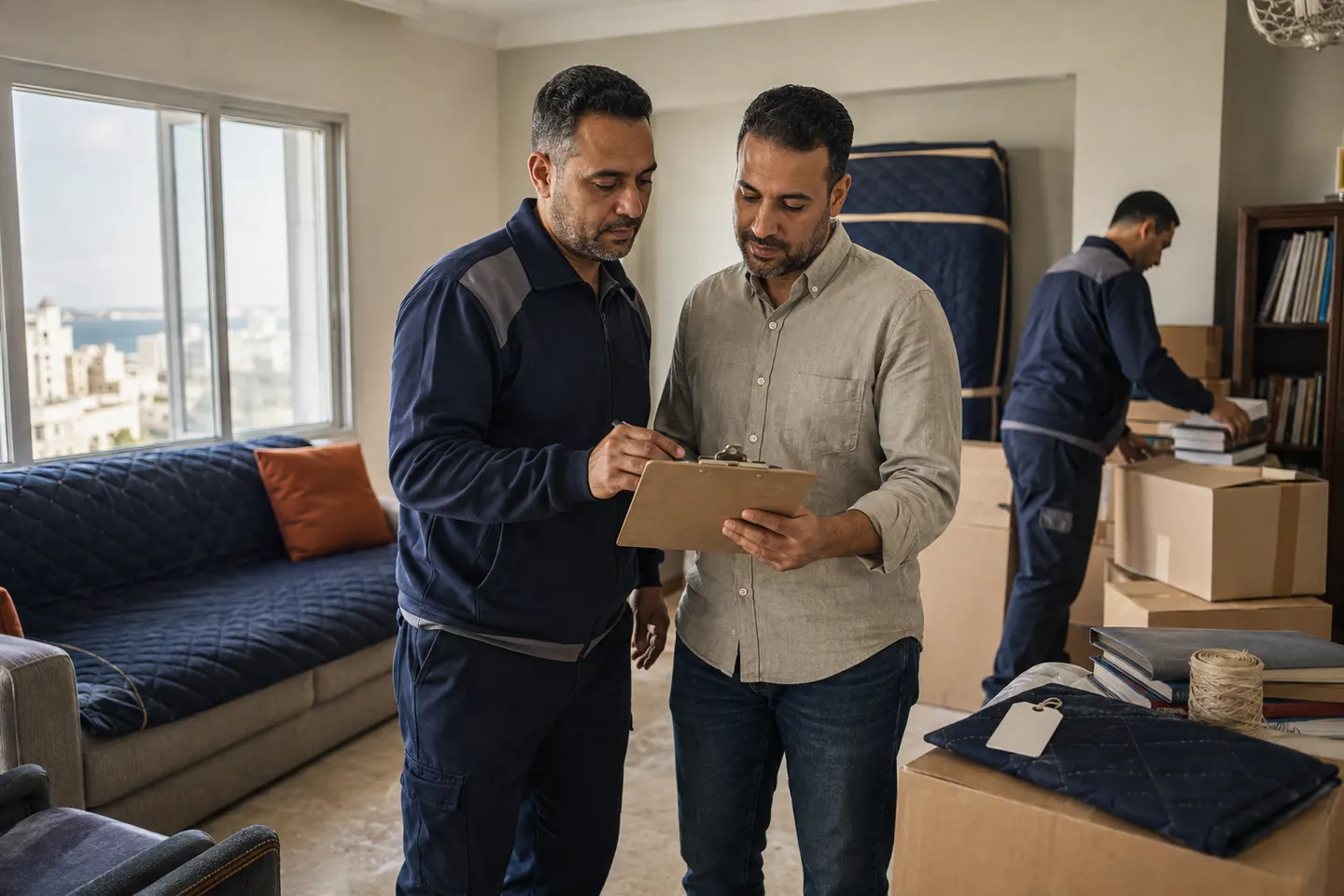 مشرف حمولة مرتبة يراجع جرد الأثاث مع العميل في الإسكندرية